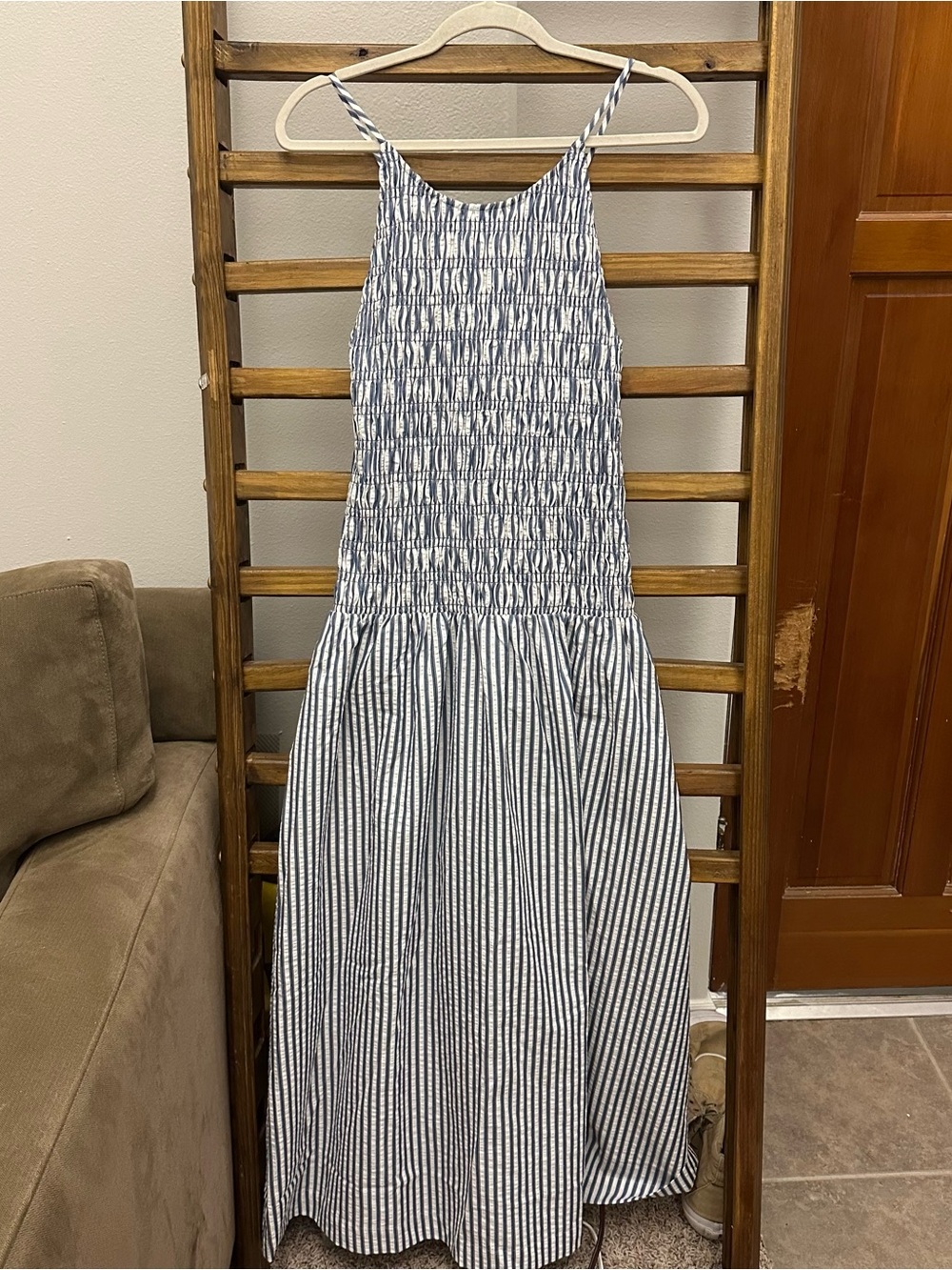 LOFT Blue and White Striped Smocked Maxi Dress